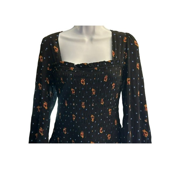 Free People Women's Black Floral Smocked Two Faces Mini Dress Sz Small Y2K Style - Picture 3 of 7